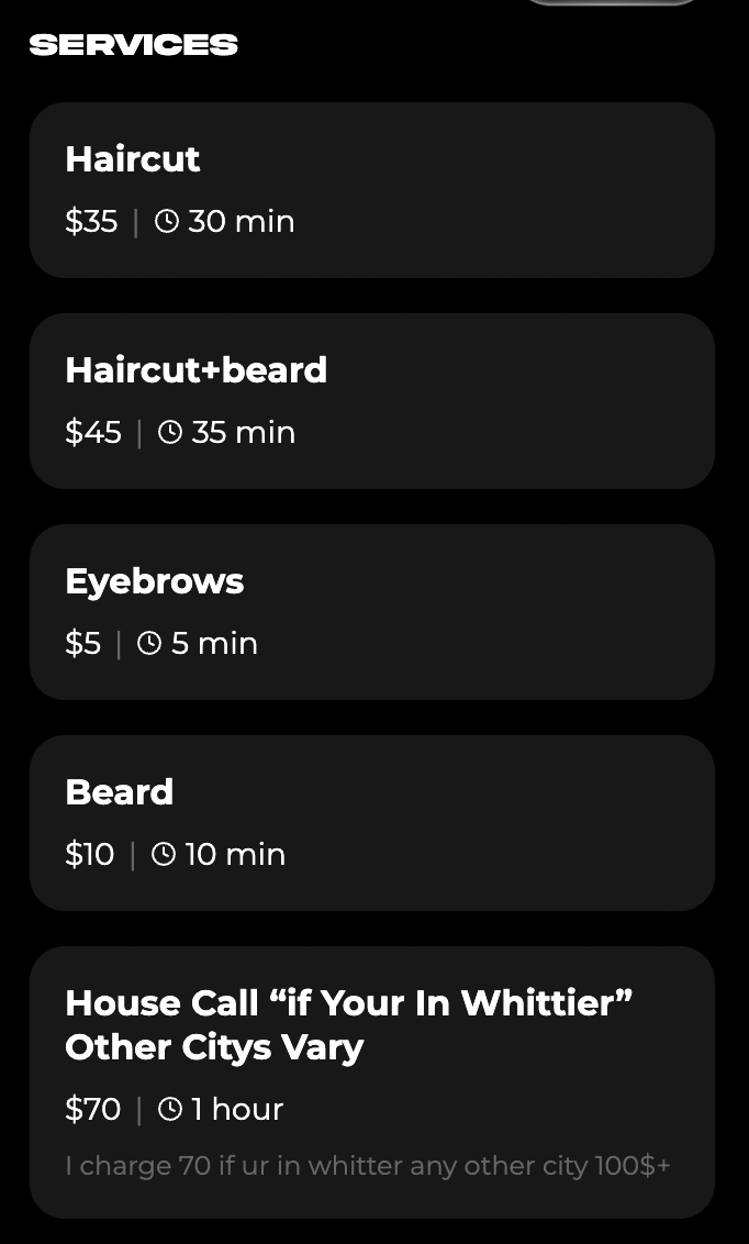 Example service menu showing names, prices, and durations